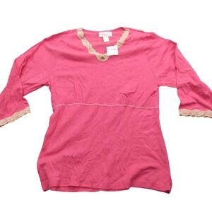 Sleep Club Womens 1X Pink Cotton Lace Trim V-Neck 3/4 Sleeve Pajama Top NWT